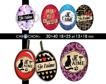 Je t'aime 2 • 45 Images Digitales OVALES 30x40 18x25 13x18 mm amour saint valentin etiquette noeud pois chat coeur papillon patte aimer