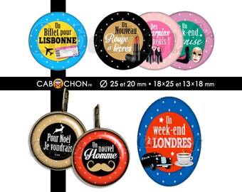 Liste de Noël • 60 Images digitales RONDES 25 20 mm OVALES 18x25 13x18 mm escarpin new york londres lisbonne sac chocolat moustache venise