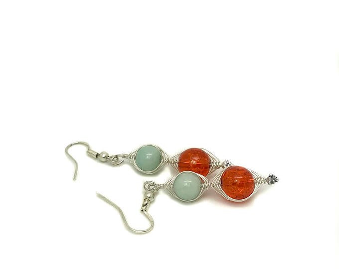 Orange and Light Blue Wire Wrapping Earrings, Light Green and Orange Sterling Silver Handcrafted Earrings, Wire Wrapping Jewelry
