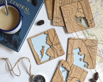 The Lake District Map Coasters: laser etched maps on oak, a gift for walkers, hikers, dads & groomsmen
