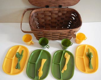 Vintage Basketville Picnic Basket Set - Wicker Weave, Wooden - 1970s - 4 plates, 4 cups, 4 sets of utensils, yellow & green, original box