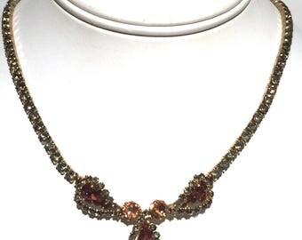 Vintage Weiss Rhinestone Necklace,Smokey Gray & Amber Crystals,Signed Necklace,Designer Jewelry