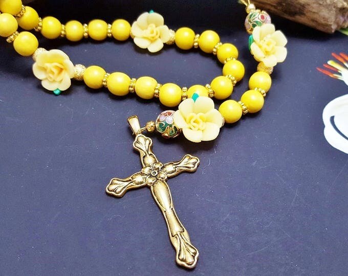 Yellow Floral Catholic Rosary ~ Best Godmother Gifts ~ Godchild Keepsake ~ Gift From Son To Mom, Blessing Gift For Baby, First Communion