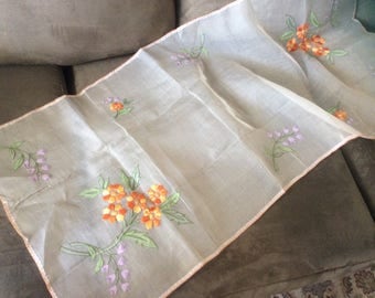 Organdy table runner or dresser scarf with embroideried flowers