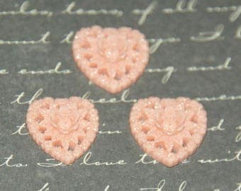 3 pink heart appliques/cabochon and 17mm resin flowers