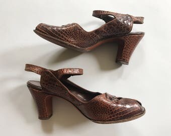 1940s Brown Croc Slingback Heels