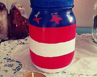 Painted American Flag Mason Jar Candle Holder w/ Beeswax Tealight Candle