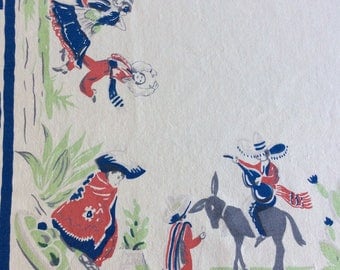 Vintage Mexican fiesta tablecloth with dancers, donkey and cactus