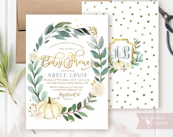 Pumpkin baby shower invitation fall autumn invite - Gender Neutral white gold gold foil customizable digital printable DIY card
