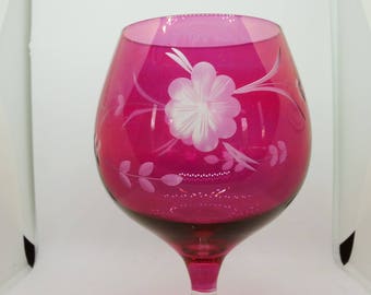 Cranberry Brandy or Cognac Glass with floral etched pattern. Vintage stemmed glass.