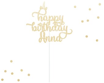Custom Happy Birthday Unicorn Cake Topper - any color glitter - personalized name - unicorn horn