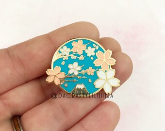 Sakura Branch with Mt. Fuji Glitter Lilninja Pin, Hard Enamel Pin, Kawaii Enamel Pin