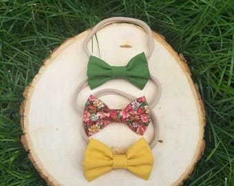 Nylon bow headband set - nylon headband set - bow set - dark green bow - mustard yellow bow - floral bow - baby girl headbands - baby bows