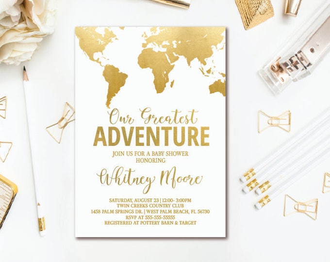 Travel Baby Shower Invitation - Our Greatest Adventure - World Map Baby Shower Printable Invites