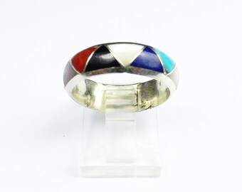 old navajo sterling silver turquoise band ring native american vintage unisex mens multi stone wedding band ring size 8 coral onyx thumb - Navajo Wedding Rings old navajo sterling silver turquoise band ring native american vintage unisex mens multi stone wedding band ring size 8 coral onyx thumb - Navajo Wedding Rings