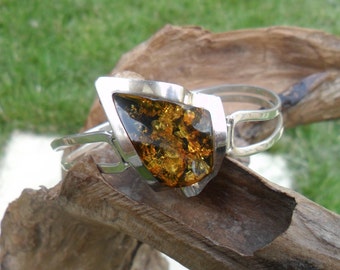 Sterling Silver and Baltic Amber Bangle, Handmade