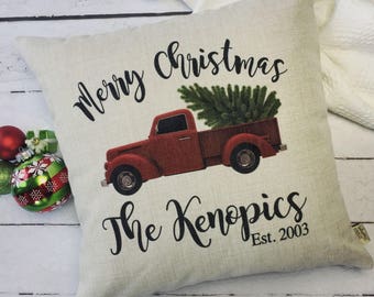 Personalized Christmas Pillow Cover - Red Truck Christmas Pillow - Holiday Pillow - Christmas Pillow - Personalized Gift - Gifts for Family