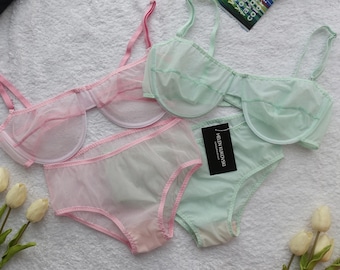 Sheer lingerie transparent bra and panties / mesh lingerie see through lingerie