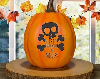 Personalized Pumpkin, Skull & Bones Pumpkin with Family Name, Personalized Resin Pumpkin, Large Pumpkin