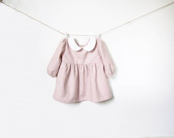 Baby Girl Linen Dress, Girl Toddler dress, Peter Pan Collar, Dusty Pink Dress, Baby Girl Outfit, Long Sleeve Dress, 1st Birthday, Kids Fall