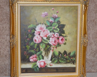 Floral Designed Oil Painting w/Ornate Gold Frame