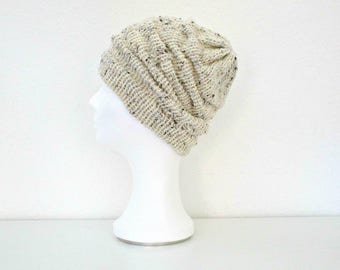 Knit beanie Off white knit hat Cream knit hat Slouchy beanie Hand knitted beanie Crochet knit beanie Chunky knit hat Wool cable hat knit cap