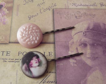 Vintage Plastic Button Hair Pins, China Cabochon, Wedding Accessory, French Vintage, Gift for Girl, Bobby Pin, Back to School, Labour Day