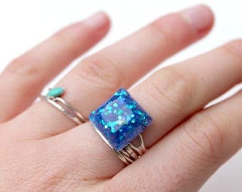 Glitter Galaxy Ring Blue - Square Ring - Resin Ring - Statement Ring - Adjustable Ring - Sparkly Ring - Resin Jewellery