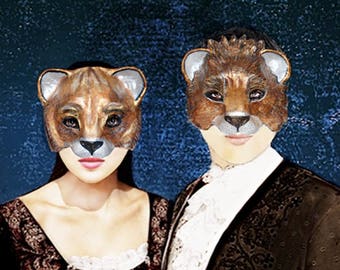 Couples Masks Golden Lions Paper Mache Masks Golden Lions Couples Mask Set His and Hers Masquerade Gold masks