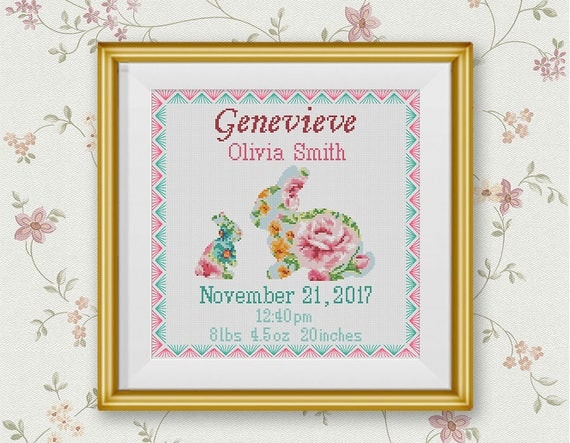 Birth Announcement Cross Stitch Pattern, Floral Bunny Baby Mom, Personalized Birth Gift xStitch Baby Shower Gift Rabbit Nursery Modern Decor