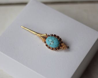 1950s French Turquoise & Rhinestone Gilt Pin Brooch