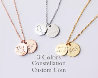 Constellation Initial Necklace, 2 Coins Necklace, Coin Name Necklace, Engraved Necklace,Custom Necklace,Zodiac Necklace,Double Coin Necklace