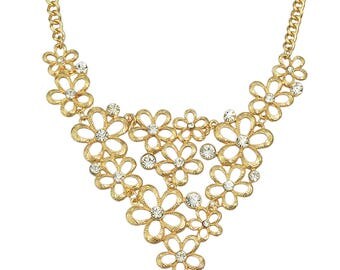 Gold and Crystal Flower Bib Statement Necklace