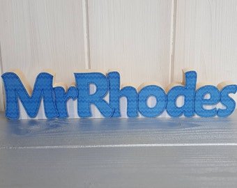 Personalised teacher name plaque, Small freestanding wood decoupage desk name decoration, Handcrafted wooden teacher gift