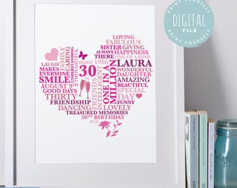 Personalised 30th Birthday Gift for Her | Printable File | Personalized Word Art Gift for 30 Years Birthday | Thirty Birthday Gift for women