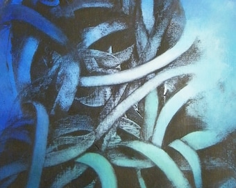 Art abstrait contemporain - Acrylique sur papier entoilé "Peinture abstraite" Oeuvre originale - Volutes bleu-vert
