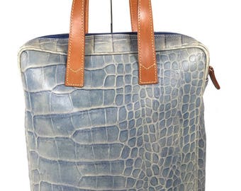 100% Authentic VINTAGE Versace Blue "Denim" Embossed Croc Print Leather Hand Bag