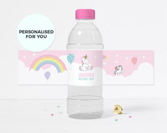 Unicorn water bottle labels, Printable water bottle label, Unicorn bottle label, Personalised Unicorn party decorations, Unicorn decorations