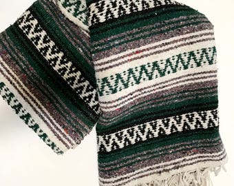 Vintage Mexican Blanket- Green, Gray, Black & White Falsa Blanket- Bohemian Home Decor