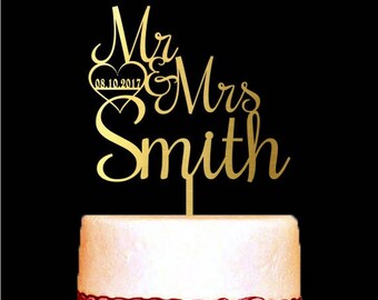 Wedding Cake Topper Mr and Mrs with Personalized Last Name Custom Date, Cake Topper Gold, Heart, Unique Wedding Cake Topper for Wedding
