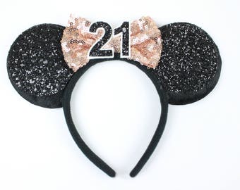 Minnie Mouse Ears Headband with Rose Gold Glitter Bow | Minnie Ears | 21st Birthday Headband | Disney Gift | Minnie Ears Black + Rose Gold