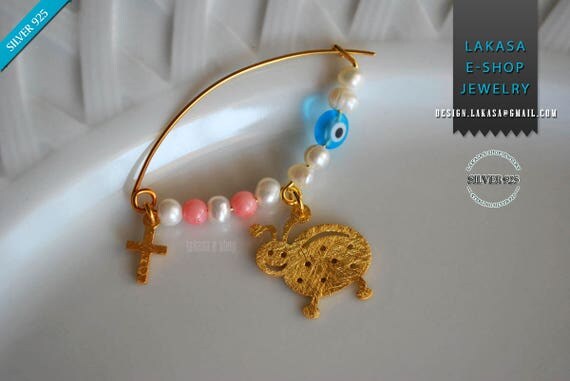 Ladybird Baby Brooch Sterling Silver Gold plated Freshwater Pearls Handmade Jewelry Best Gift Baptism Religious Cross Birthday Mother Moomy