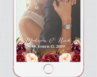Marsala Floral Wedding Snapchat Filter - Rustic Wine and Pink Flower and Calligraphy Snapchat Geofilter Image - Wedding Snapchat Filter 0006