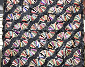 Antique Silk Quilt, Small Victorian Throw or Table Cover, Multi Solid Colors on Black Background, Ruffled Border, Hand Pieced & Tied #18124