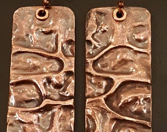 Air Chased Pure Copper Earrings Dangles with antiqued patina finish and copper rivets