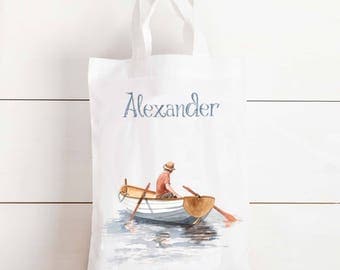 Baby boys boat gift bag - personalised gift bag, baby shower gift, new baby, newborn, fishing boat, rowing boat, tote bag, personalised bag