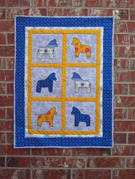 Swedish Heritage Wall Art Dala Horse quilt yellow and blue