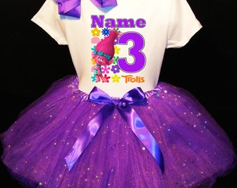 TROLLS***With NAME*** 3rd third 3 Birthday Dress Fast Shipping Purple party Shirt & Tutu outfit Poppy Personalized