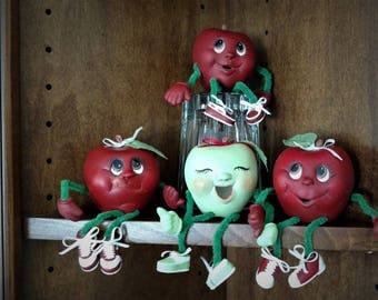 SALE: Anthropomorphic Apples, Set of 4; Kitschy , Fruit, Kitschy Kitchen, Retro, Non-Profit, Charity, Christmas, Apples