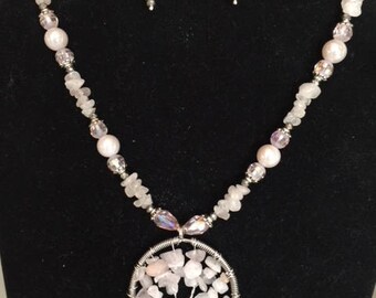 Rose Quartz Tree of Life, 17" Necklace, Plus 3" Extender Chain, Matching Earrings, Lobster Claw Clasp, Glass Beads, Silver Tone Endcaps